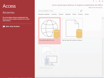 Pantalla bienvenida de Access 2016