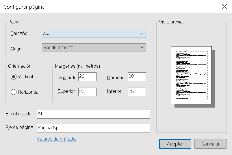 Configurar página en el Bloc de notas