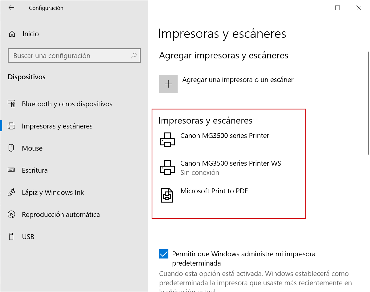 Impresoras disponibles en Windows 10
