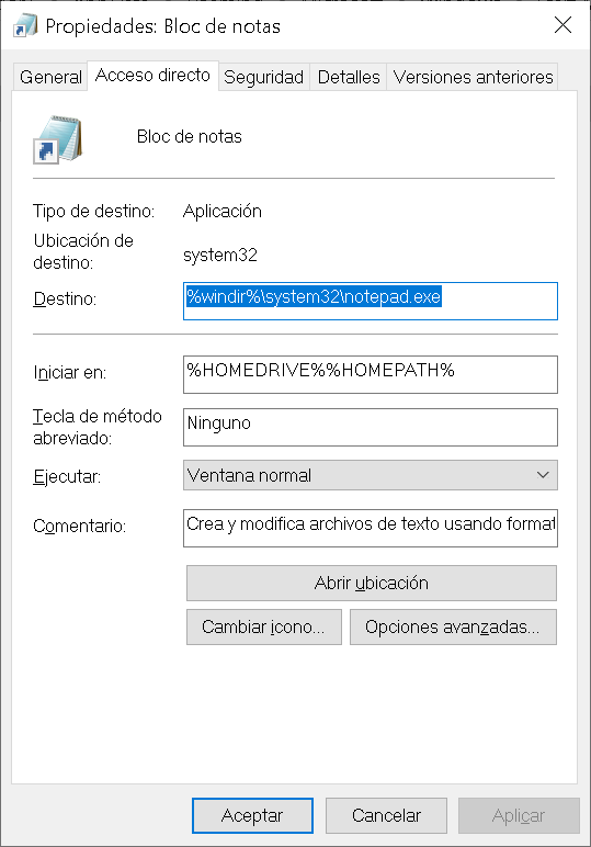Ubicación del Bloc de notas de Windows 10