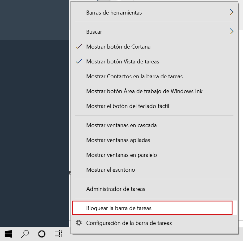 Bloquear barra de tareas de Windows 10