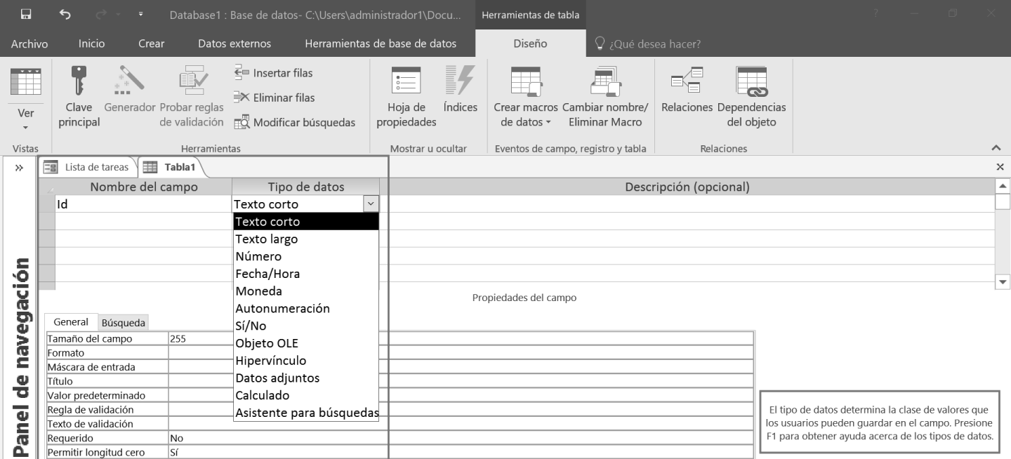 Propiedades de los campos y tipos de datos en Access