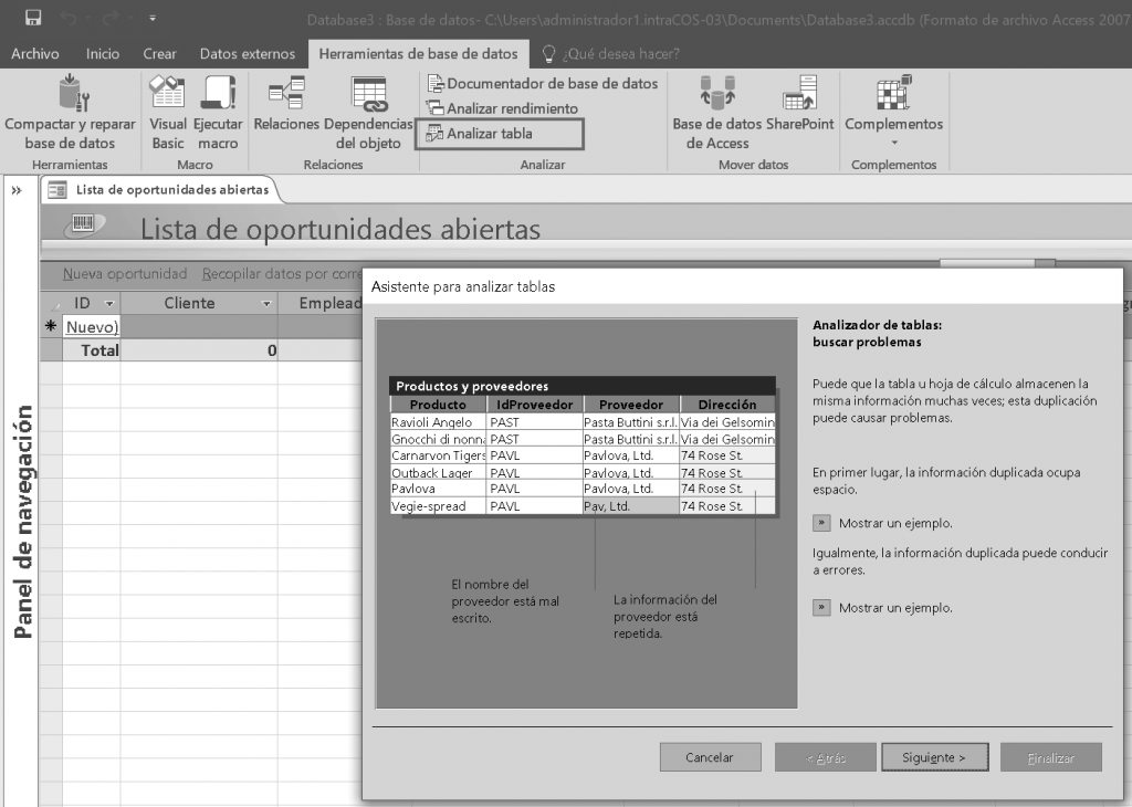 El analizador de tablas de Access