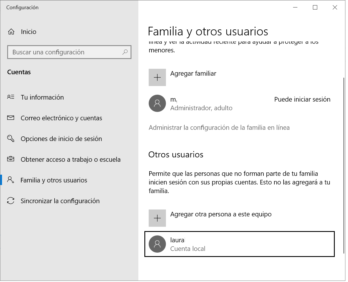 Familia y otros usuarios de Windows 10