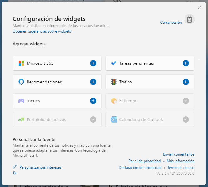 Configuración / Agregar Widgets