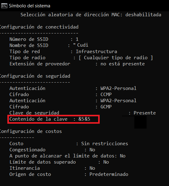 Contenido de la clave wifi guardada en Windows